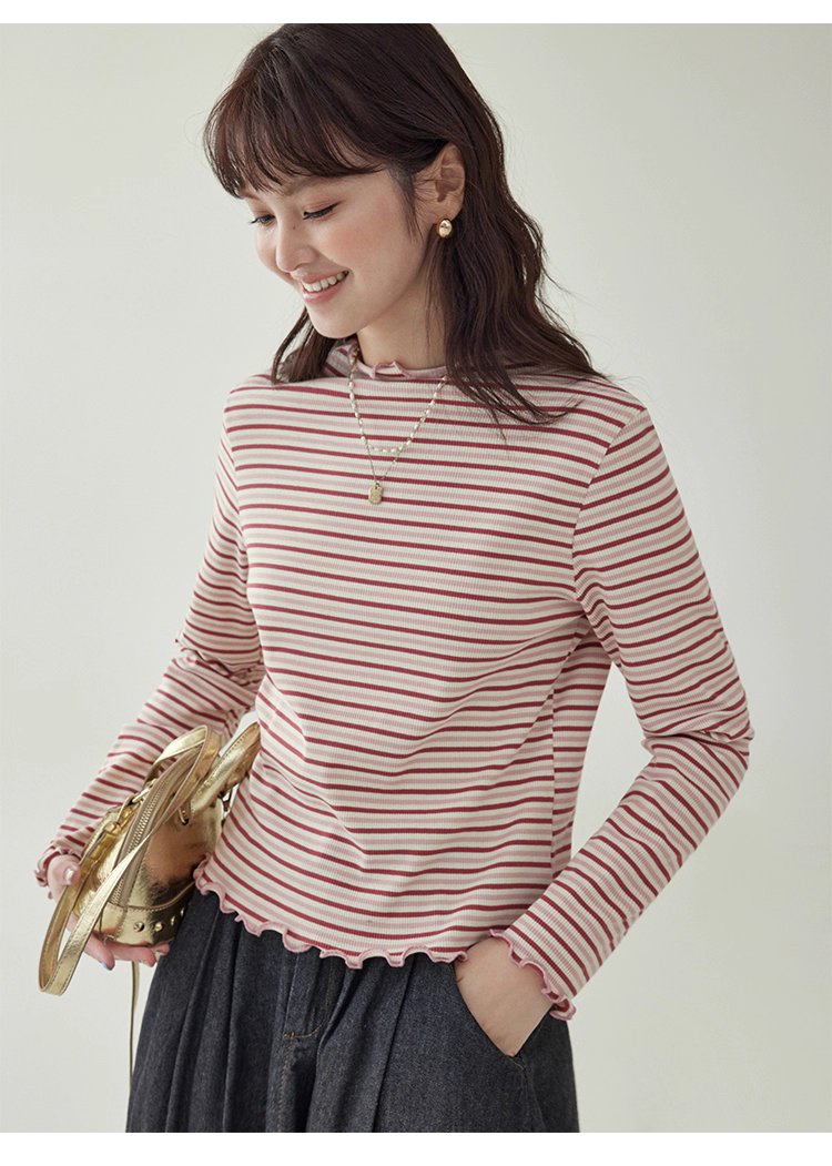 下擺扣條紋兩穿內搭T恤女秋新款花邊長袖上衣