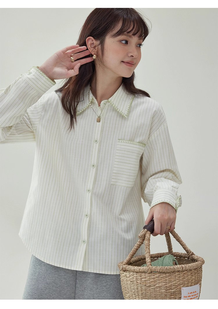 反線條單排扣長袖襯衫女秋季新款polo領寬鬆上衣