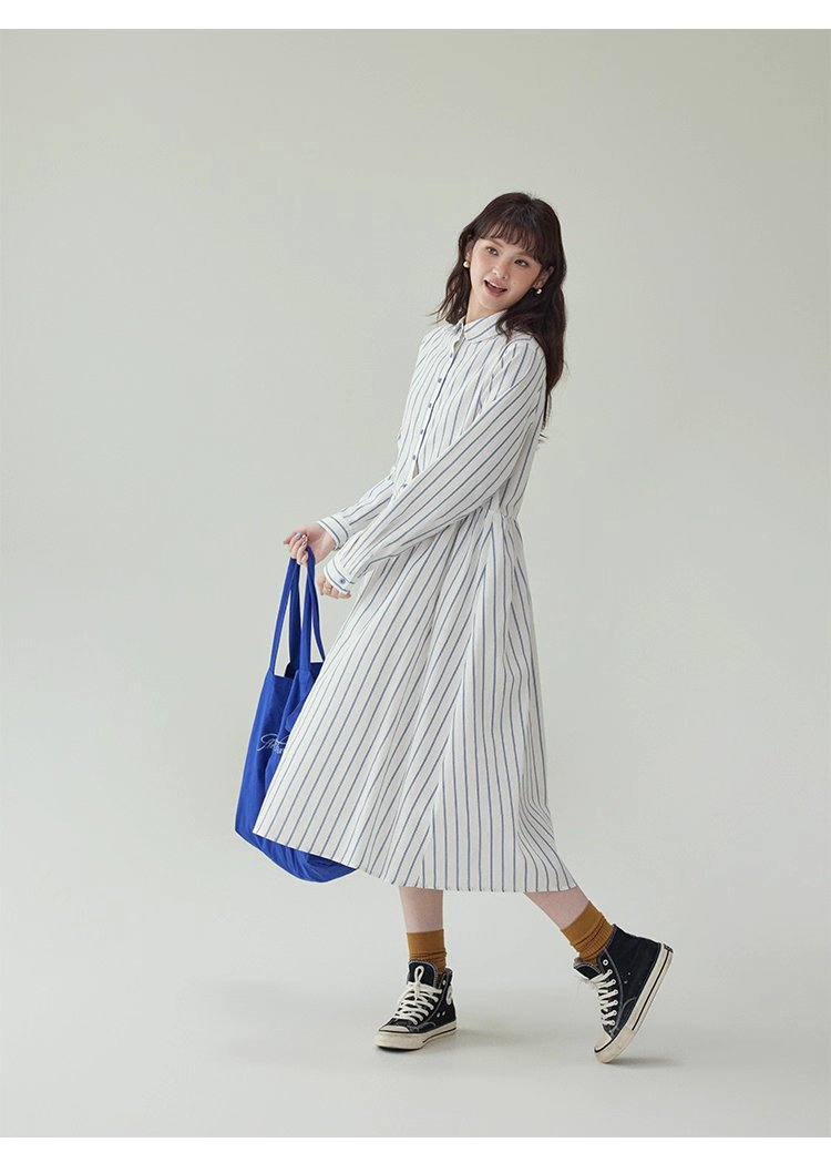 藍條紋娃娃領純棉洋裝女秋新款寬鬆長袖襯衫裙,藍條紋娃娃領純棉洋裝女秋新款寬鬆長袖襯衫裙,HBEW7043,藍條紋娃娃領純棉洋裝女秋新款寬鬆長袖襯衫裙,襯衫洋裝,全棉面料