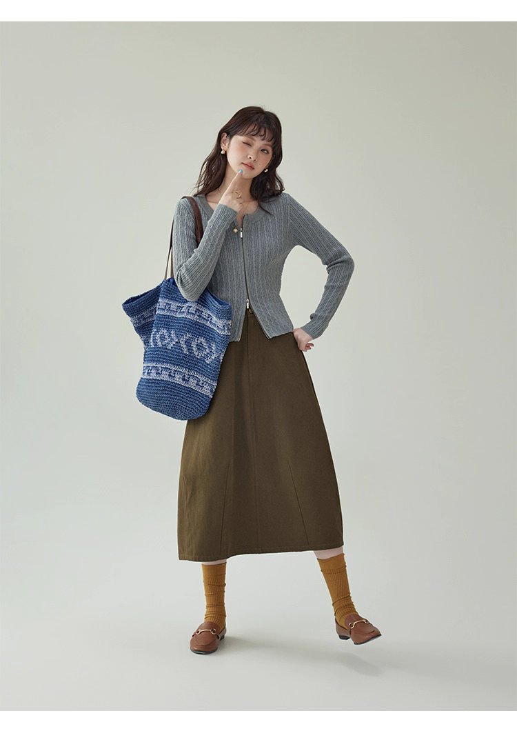 純色麻花雙頭拉鍊針織衫女秋季新款修身純棉上衣