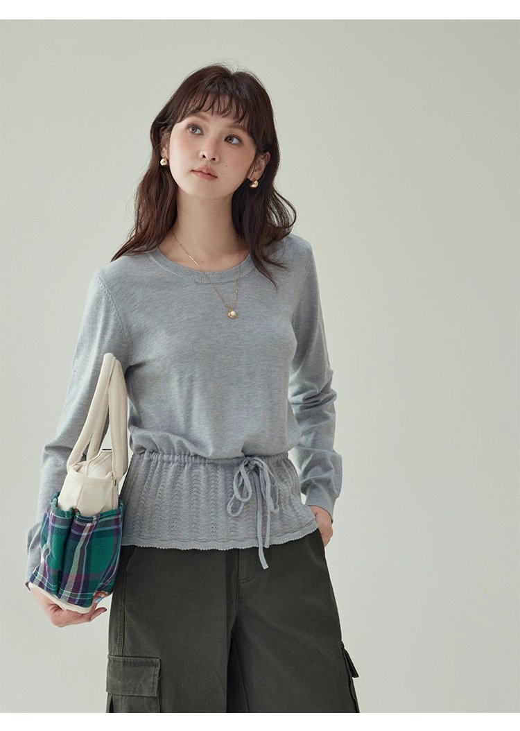 小眾抽繩提花下擺針織衫女秋季新款長袖內搭上衣,小眾抽繩提花下擺針織衫女秋季新款長袖內搭上衣,HBEW1094,小眾抽繩提花下擺針織衫女秋季新款長袖內搭上衣,簡約大方,抽繩衣襬