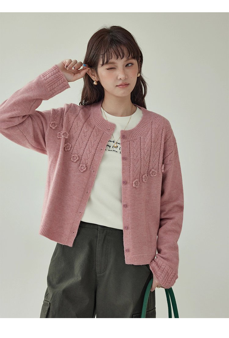 少女感粉紅花朵毛衣開襟女秋季新款寬鬆長袖上衣