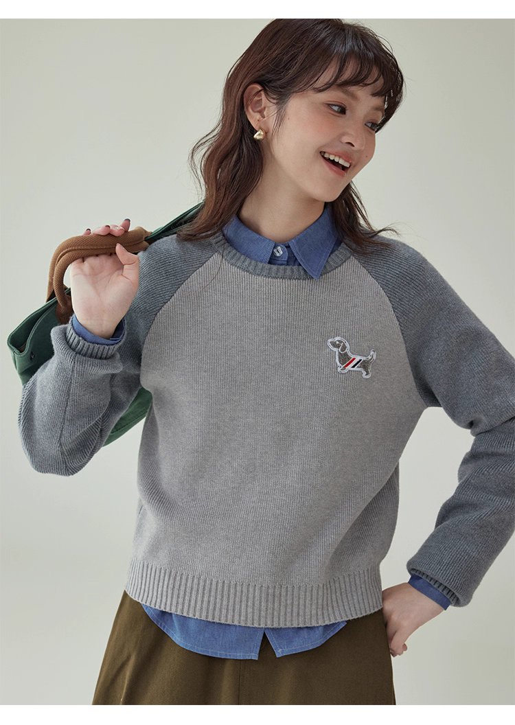 拼色插肩長袖短版針織衫女秋季新款小狗刺繡上衣