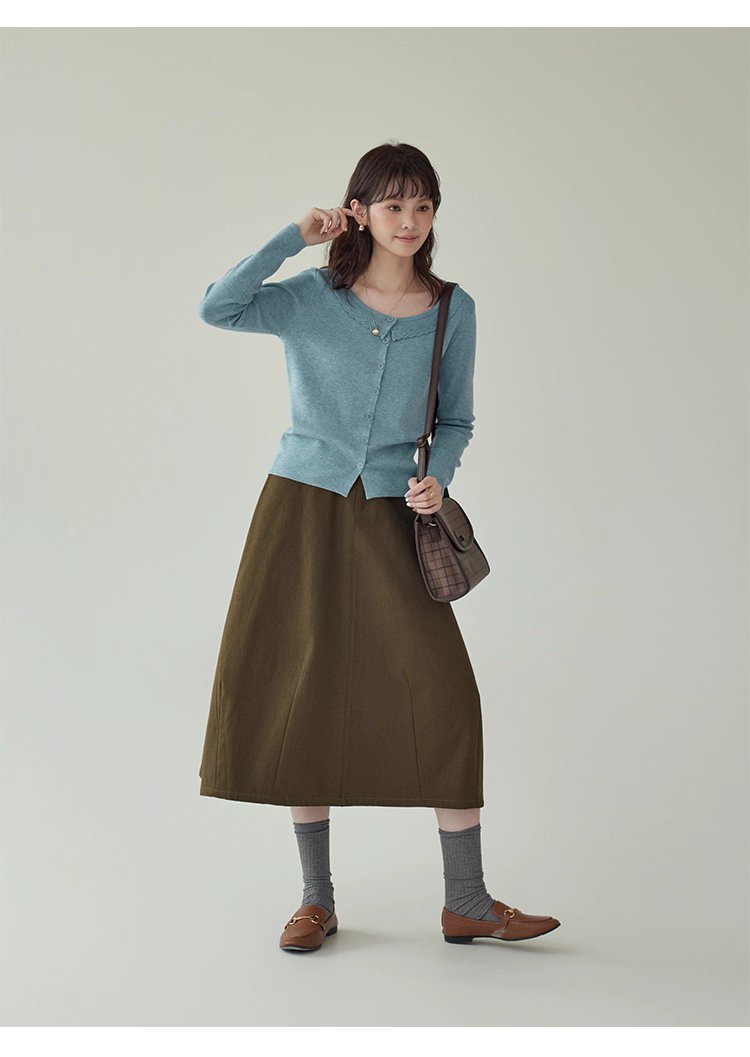 藍色圓領針織衫女秋季絕美短款修身長袖開襟衫上衣