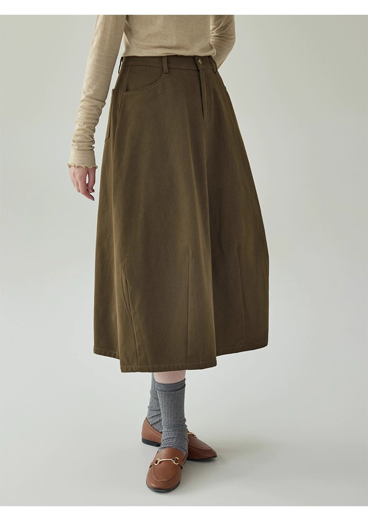 復古純色a字純棉半身裙女秋季新款後鬆緊花苞裙