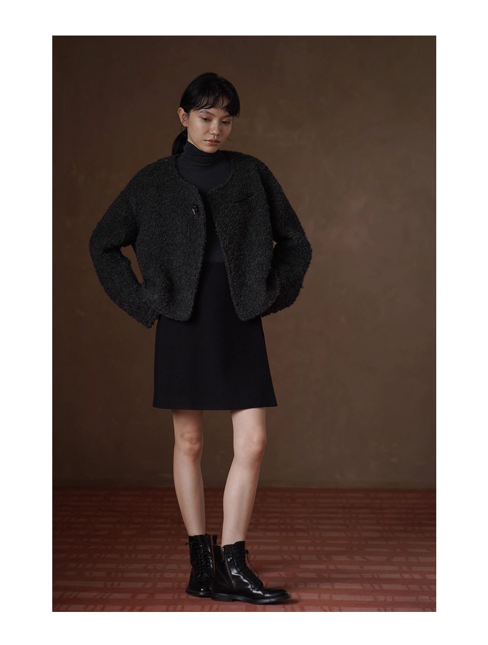 費城外套蓬鬆羊毛圈毛呢料輪廓皮袢圓領通勤顯瘦大衣