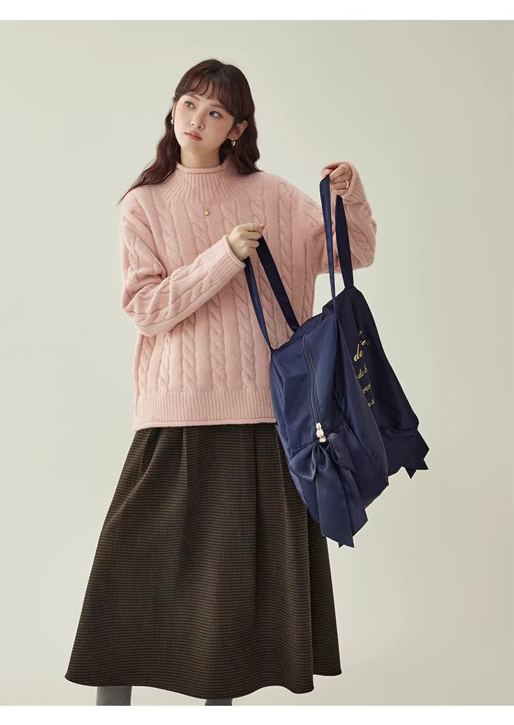 減齡粉紅高領麻花毛衣女25冬季新款捲邊長袖上衣,減齡粉紅高領麻花毛衣女25冬季新款捲邊長袖上衣,HBEW1146,減齡粉紅高領麻花毛衣女25冬季新款捲邊長袖上衣,高領毛衣,麻花針織