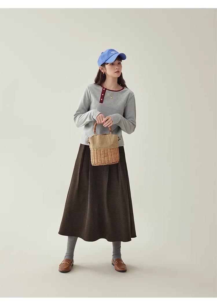 復古壓褶格紋高腰半身裙女25冬季新款a字中長裙,復古壓褶格紋高腰半身裙女25冬季新款a字中長裙,HBEW2031,復古壓褶格紋高腰半身裙女25冬季新款a字中長裙,復古格紋,高腰壓摺