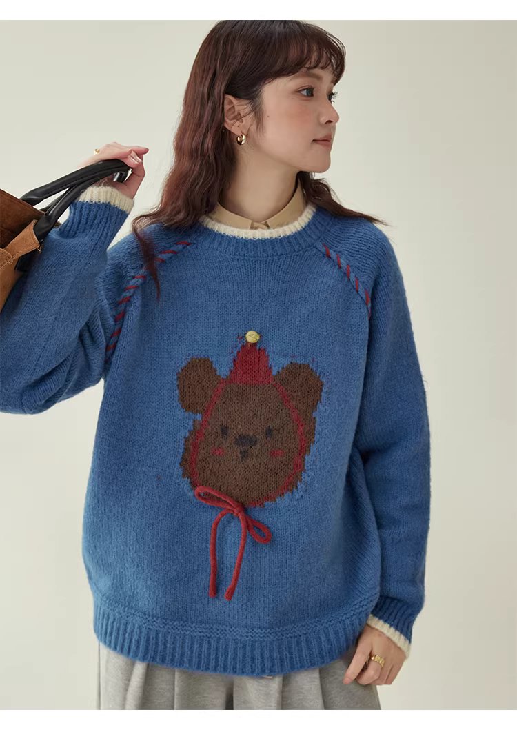 克萊因藍圓領羊毛長袖小熊毛衣女冬新款寬鬆減齡上衣,克萊因藍圓領羊毛長袖小熊毛衣女冬新款寬鬆減齡上衣,HBEW1148,克萊因藍圓領羊毛長袖小熊毛衣女冬新款寬鬆減齡上衣,童趣針織,羊毛混紡