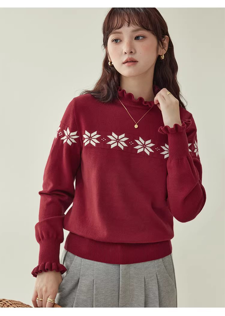 減齡紅色木耳邊雪花針織衫女冬新款內搭長袖上衣,減齡紅色木耳邊雪花針織衫女冬新款內搭長袖上衣,HBEW1152,減齡紅色木耳邊雪花針織衫女冬新款內搭長袖上衣,木耳邊,雪花針織