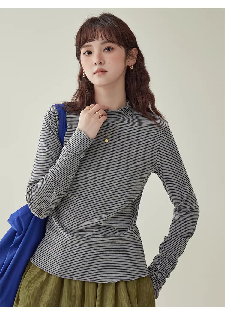 花邊半高領內搭T恤女冬季新款百搭條紋長袖上衣,花邊半高領內搭T恤女冬季新款百搭條紋長袖上衣,HBEW1153,花邊半高領內搭T恤女冬季新款百搭條紋長袖上衣,木耳邊,條紋造型