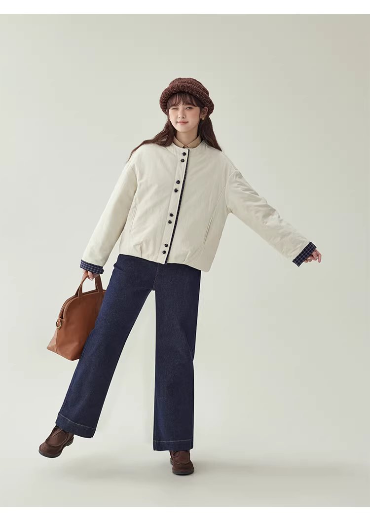 撞色單排扣落肩長袖保暖棉服外套女冬季寬鬆圓領上衣,撞色單排扣落肩長袖保暖棉服外套女冬季寬鬆圓領上衣,HBEW5129,撞色單排扣落肩長袖保暖棉服外套女冬季寬鬆圓領上衣,圓領排扣,格紋拼接