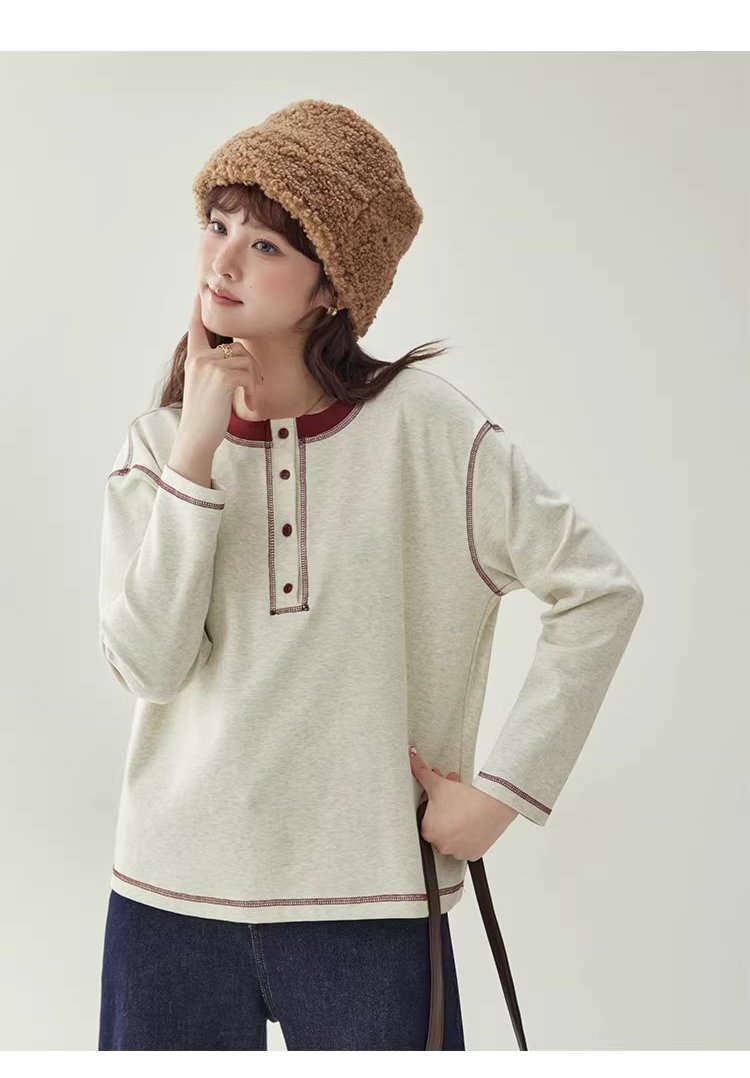 撞色反線落肩袖T恤女冬季新款半開扣圓領上衣,撞色反線落肩袖T恤女冬季新款半開扣圓領上衣,HBEW1192,撞色反線落肩袖T恤女冬季新款半開扣圓領上衣,半開排扣,舒適面料