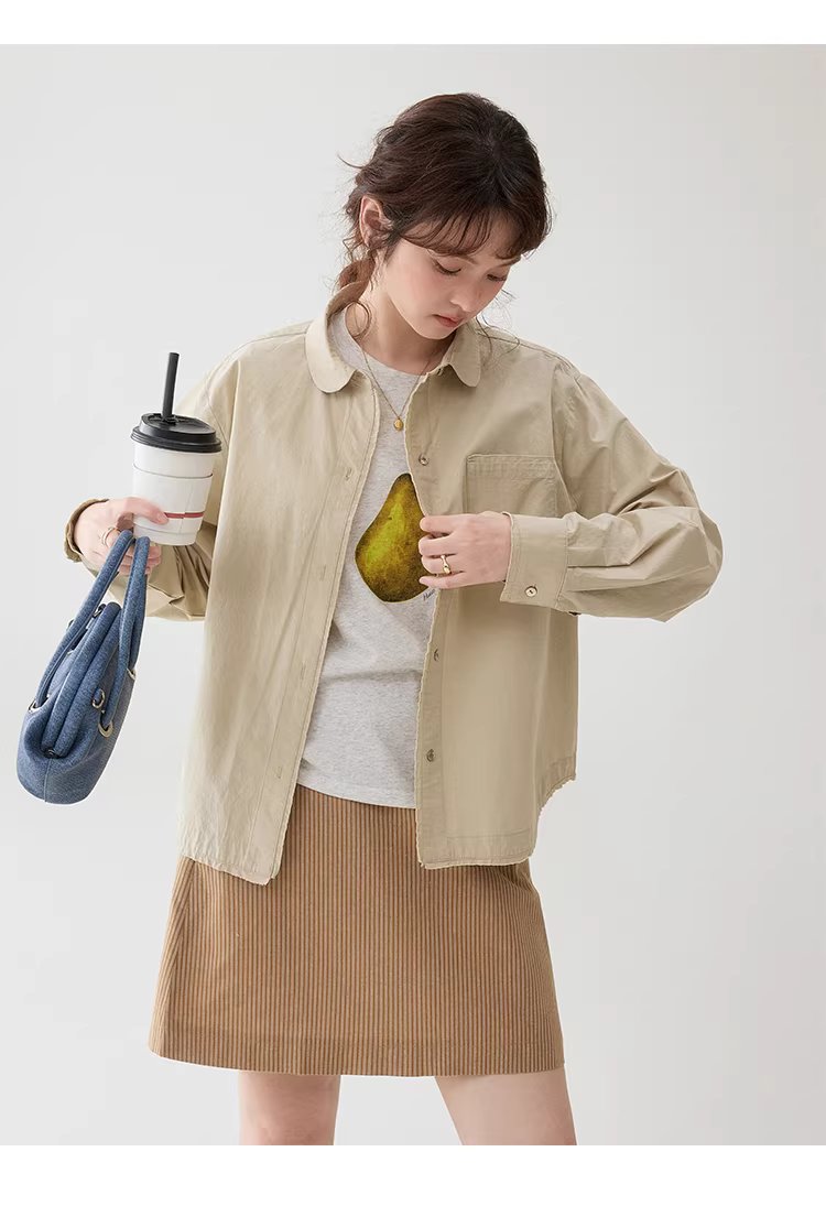 設計感拼接小毛邊襯衫女春季新娃娃領紐扣上衣,設計感拼接小毛邊襯衫女春季新娃娃領紐扣上衣,HBFS1001,設計感拼接小毛邊襯衫女春季新娃娃領紐扣上衣,翻領排扣,棉麻材質