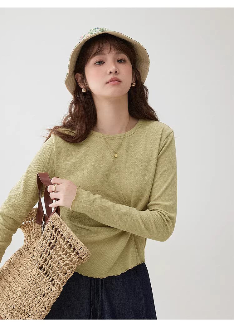 肌理感純色扭結修身T恤女春季新款蕾絲長袖上衣,肌理感純色扭結修身T恤女春季新款蕾絲長袖上衣,HBFS1002,肌理感純色扭結修身T恤女春季新款蕾絲長袖上衣,扭結設計,舒適面料