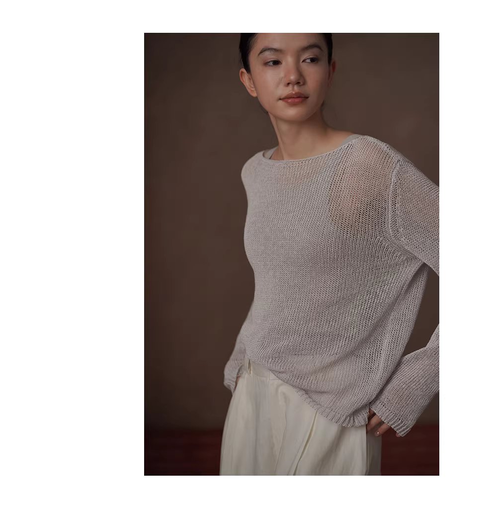 朦朧水霧進口及紙紗透氣針織紙片人寬鬆顯瘦一字領罩衫,朦朧水霧進口及紙紗透氣針織紙片人寬鬆顯瘦一字領罩衫,HBFS1014,朦朧水霧進口及紙紗透氣針織紙片人寬鬆顯瘦一字領罩衫,舒適透氣,寬鬆顯瘦