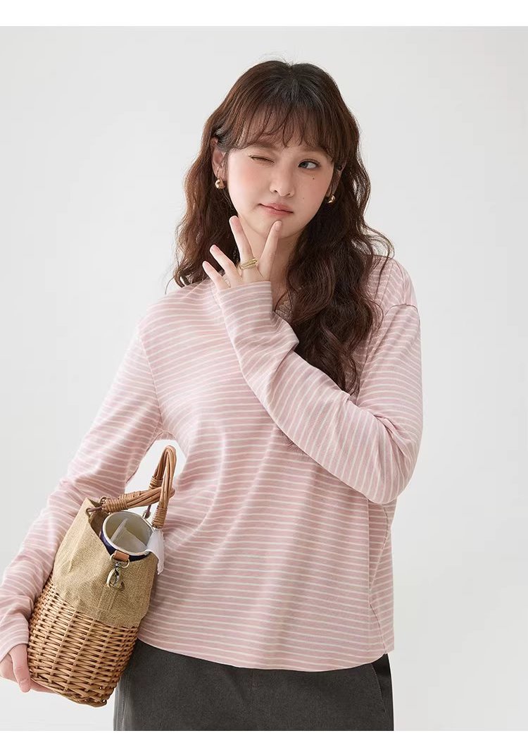 甜美粉紅條紋花邊v領T恤女春季新款寬鬆長袖上衣,甜美粉紅條紋花邊v領T恤女春季新款寬鬆長袖上衣,HBFS1028,甜美粉紅條紋花邊v領T恤女春季新款寬鬆長袖上衣,V領造型,蕾絲花邊
