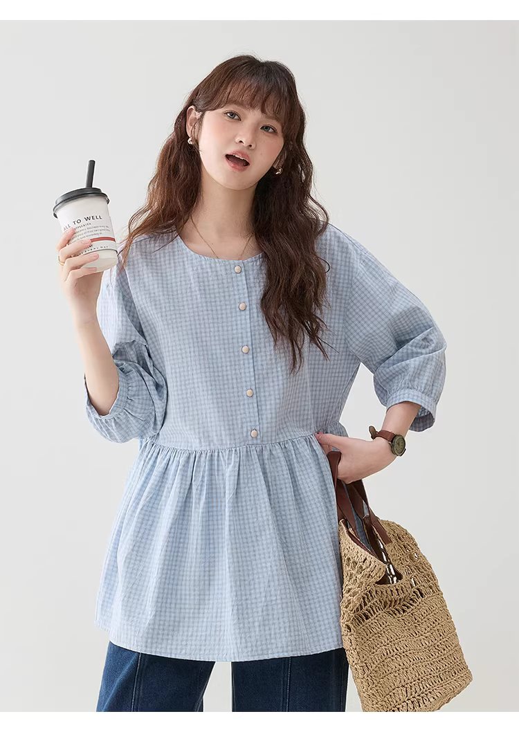 減齡八分袖純棉藍格襯衫女春新款寬鬆娃娃衫上衣,減齡八分袖純棉藍格襯衫女春新款寬鬆娃娃衫上衣,HBFS1039,減齡八分袖純棉藍格襯衫女春新款寬鬆娃娃衫上衣,清新格紋,全棉面料