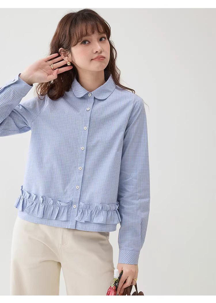 藍格荷葉邊娃娃領襯衫女春季新款純棉長袖短上衣,藍格荷葉邊娃娃領襯衫女春季新款純棉長袖短上衣,HBFS1049,藍格荷葉邊娃娃領襯衫女春季新款純棉長袖短上衣,荷葉衣襬,全棉面料