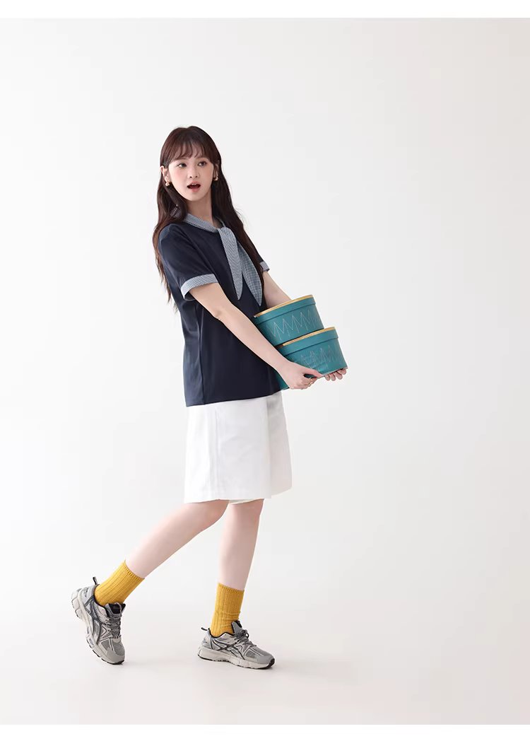 拼接格紋綁帶領短袖T恤女夏季新款時尚減齡上衣,拼接格紋綁帶領短袖T恤女夏季新款時尚減齡上衣,HBFS1053,拼接格紋綁帶領短袖T恤女夏季新款時尚減齡上衣,領結造型,舒適面料