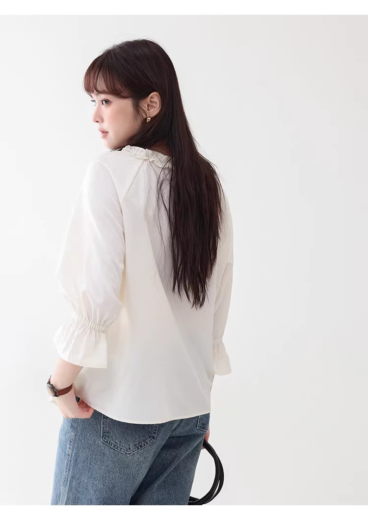 法式木耳邊綁帶V領襯衫女夏新款七分袖羈扣上衣,法式木耳邊綁帶V領襯衫女夏新款七分袖羈扣上衣,HBFS1055,法式木耳邊綁帶V領襯衫女夏新款七分袖羈扣上衣,法式甜美,木耳邊
