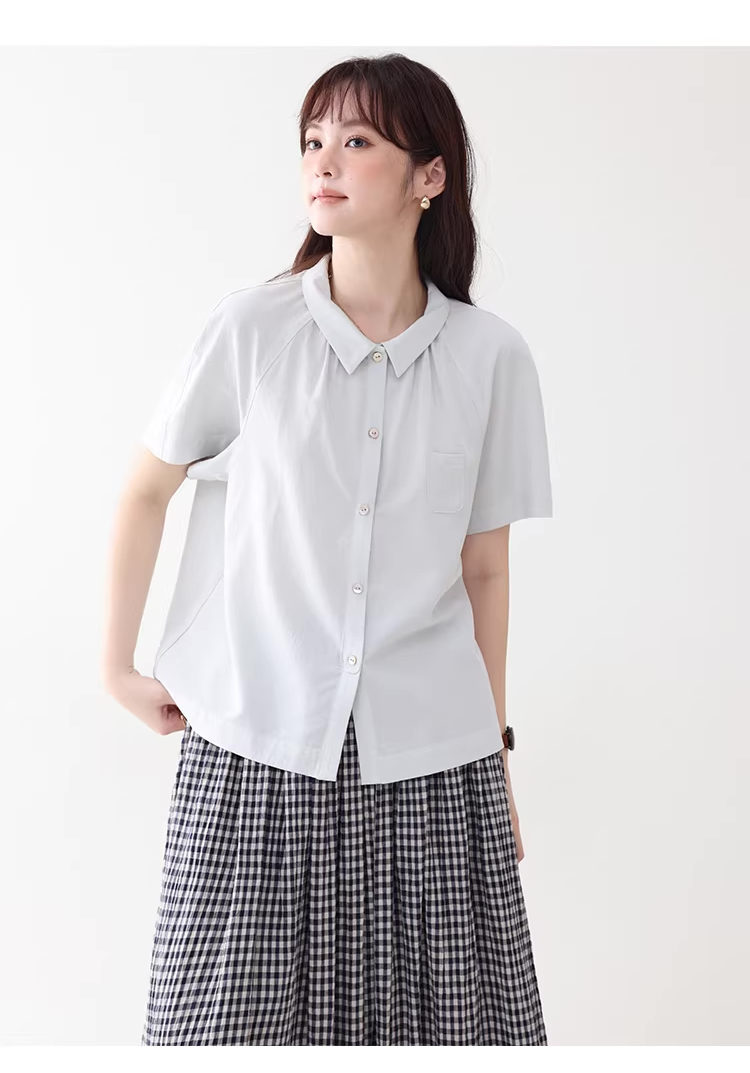 法式純色小翻領短袖襯衫女夏新款單排扣寬鬆上衣,法式純色小翻領短袖襯衫女夏新款單排扣寬鬆上衣,HBFS1086,法式純色小翻領短袖襯衫女夏新款單排扣寬鬆上衣,法式甜美,天絲100%