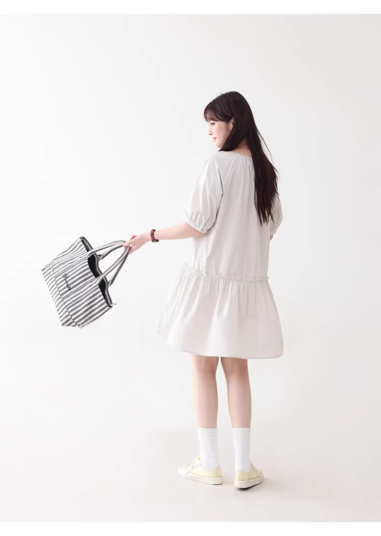 法式泡泡袖繫帶領洋裝女夏新款純棉木耳邊短裙,法式泡泡袖繫帶領洋裝女夏新款純棉木耳邊短裙,HBFS7032,法式泡泡袖繫帶領洋裝女夏新款純棉木耳邊短裙,領口繫繩,全棉面料
