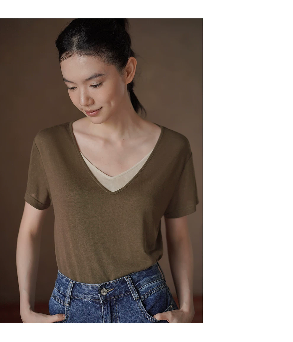 清幽羅松竹節肌理疊穿假兩件V領寬鬆顯瘦通勤短袖T恤女,清幽羅松竹節肌理疊穿假兩件V領寬鬆顯瘦通勤短袖T恤女,HBFS1352,清幽羅松竹節肌理疊穿假兩件V領寬鬆顯瘦通勤短袖T恤女,假兩件層次,寬鬆顯瘦