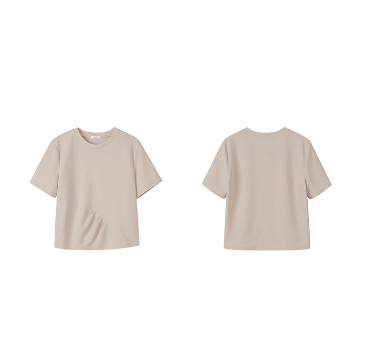 橄欖皮天菜粉顯白好氣色T恤下擺捏褶設計感寬鬆短袖上衣