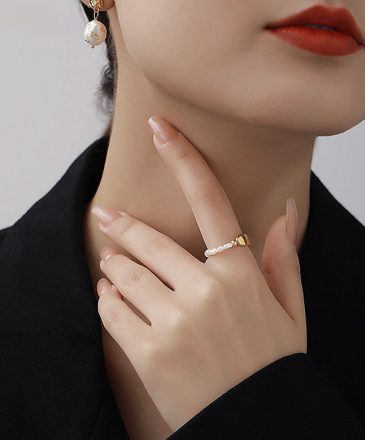 歐美個性簡約珍珠金屬拼接戒指