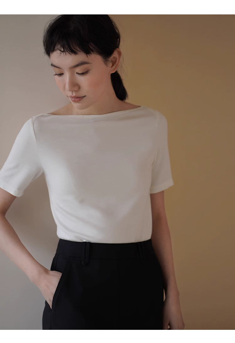 平衡通勤感舒適長期主義高智基礎款一字領T卹顯瘦上衣女