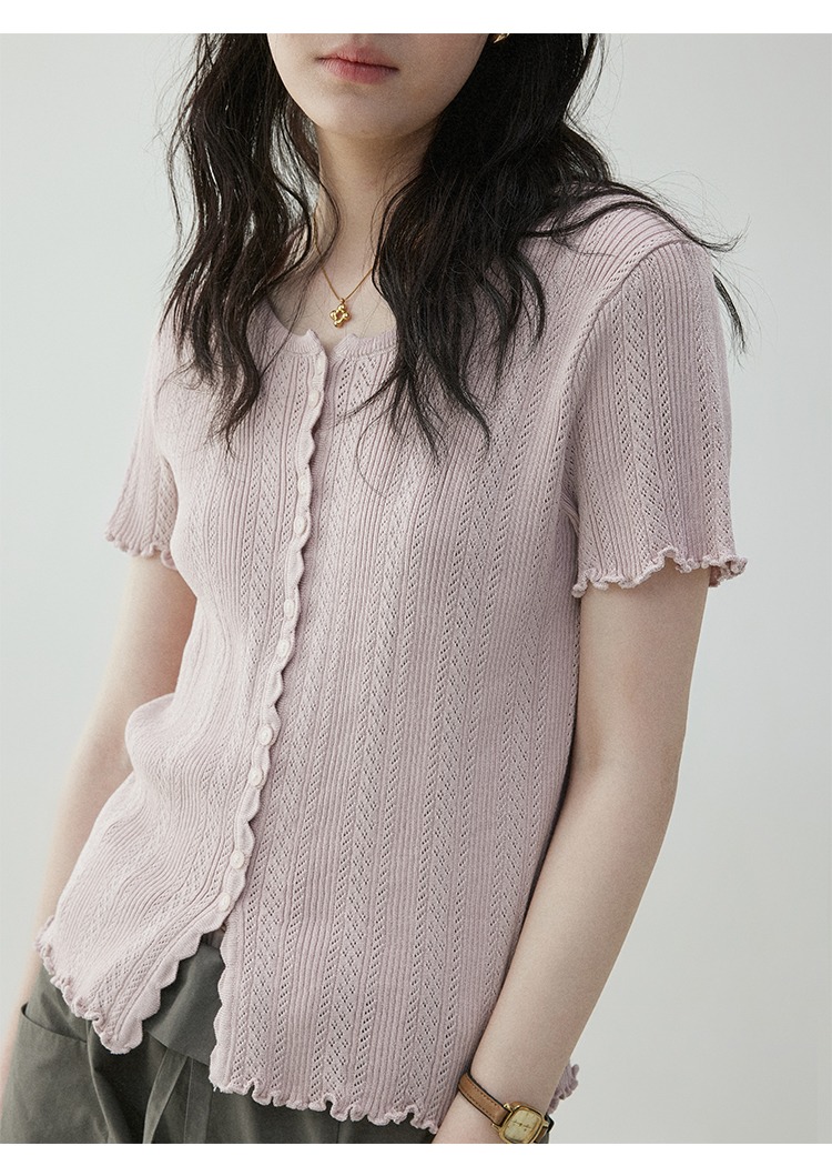 木耳邊休閒圓領針織T卹減齡寬鬆百搭上衣