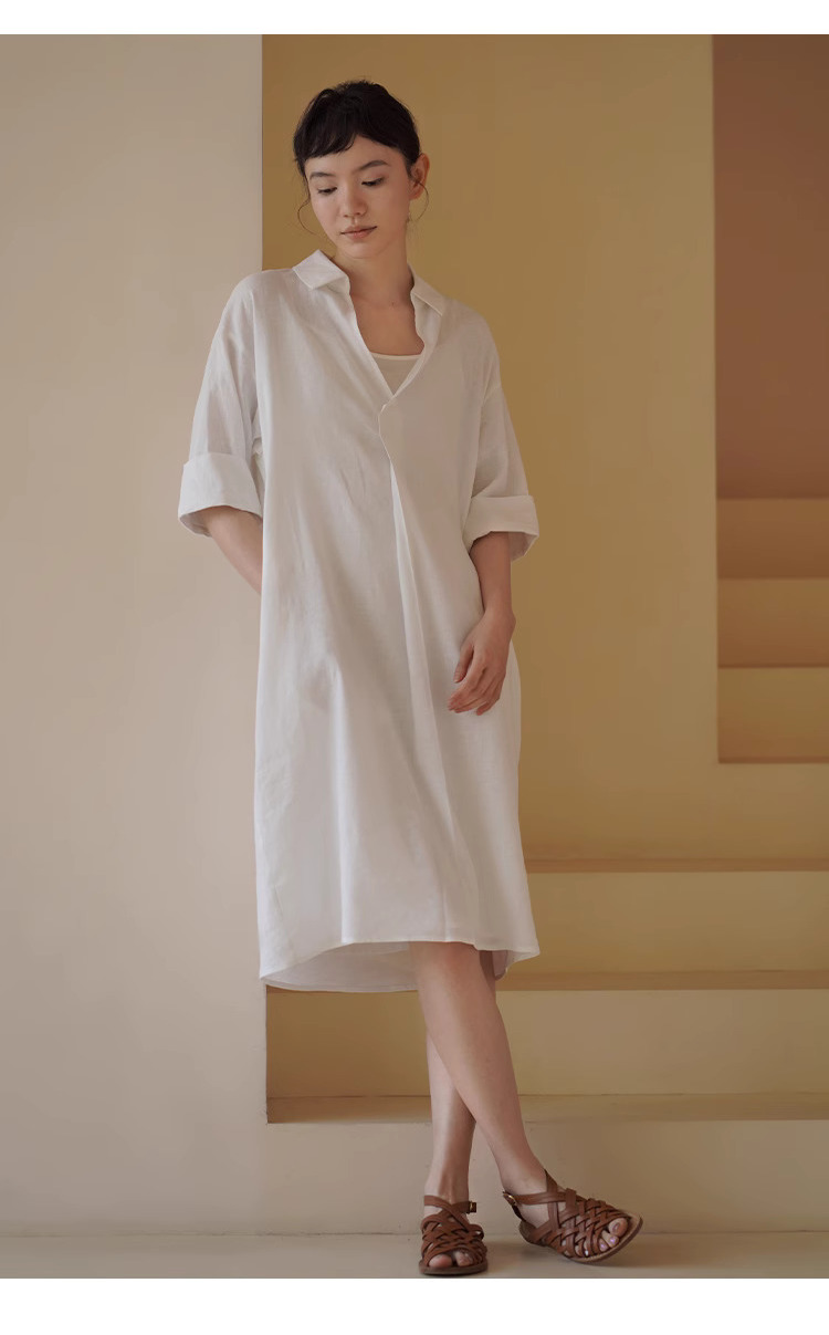清晰竹節肌理柔光亞麻清涼寬鬆防透兩件式襯衫洋裝女