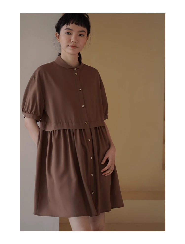 復古烤肉桂洋裝精緻小翻領寬鬆垂順顯瘦A字短裙女