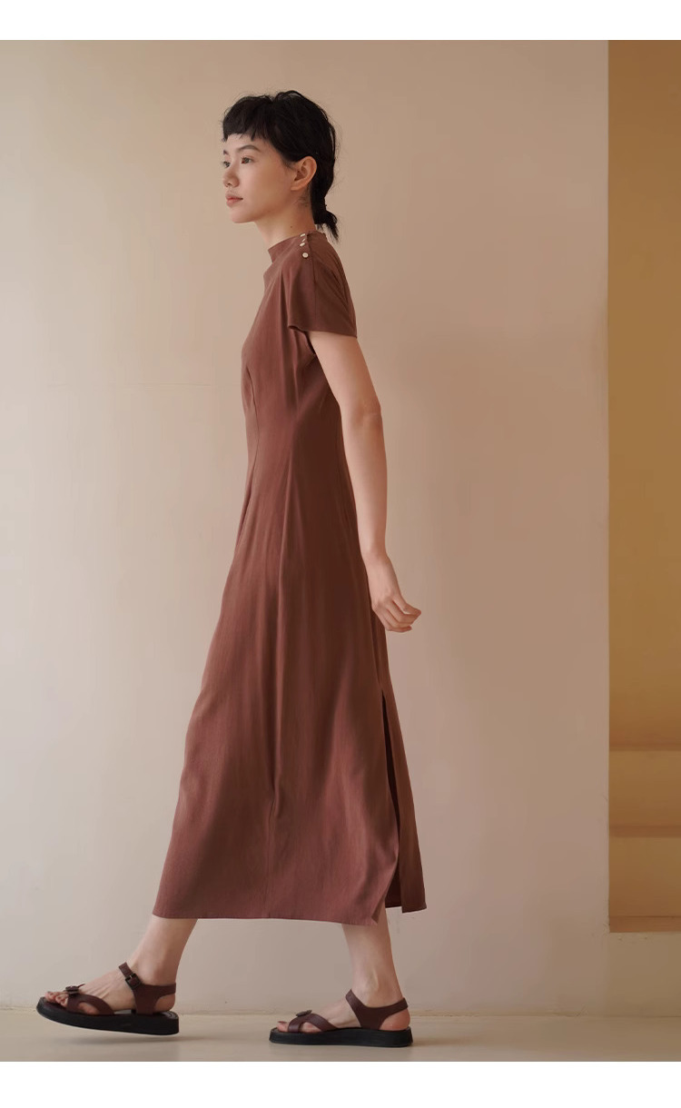 細膩婀娜柔美線條洋裝不規則斜領收腰顯白古典裙女