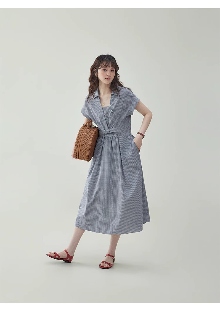 黑白格紋扭結短袖連身裙女夏季新款收腰a字中裙