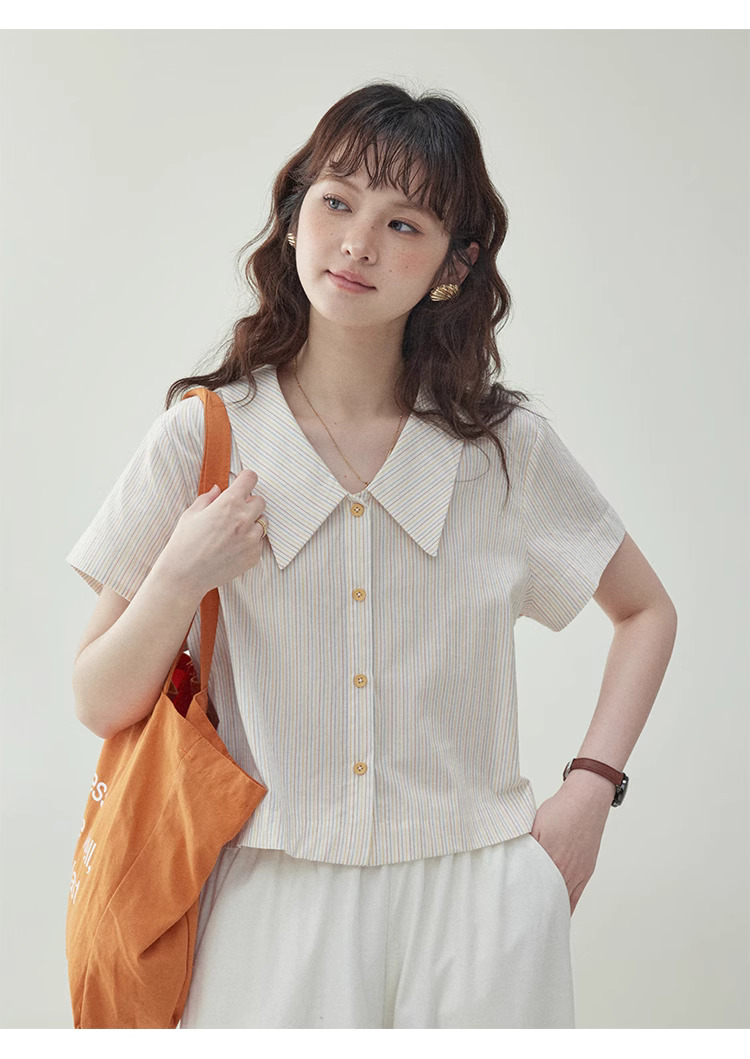彩色條紋polo領純棉襯衫女夏季新款寬鬆短袖上衣