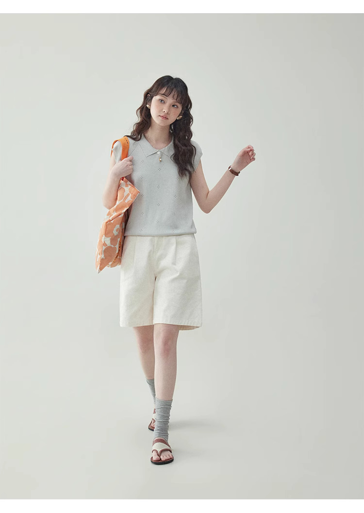 純色鏤空提花無袖針織衫女夏季新款寬鬆翻領上衣