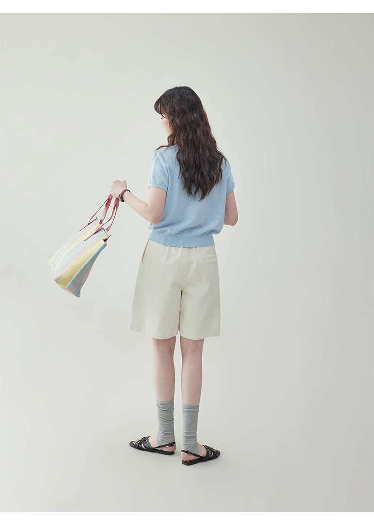 藍色翻v領短針織衫t卹女夏季新款提花短袖上衣
