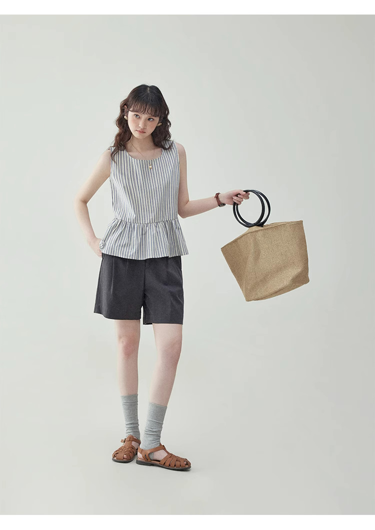 豎條紋無袖純棉娃娃襯衫女夏季新款寬鬆背心上衣