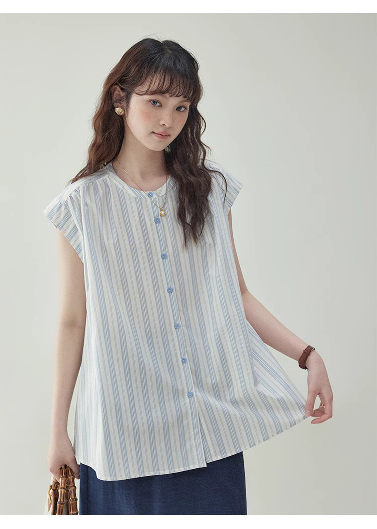 藍色豎紋飛飛袖純棉襯衫女夏季新款寬鬆紐扣上衣