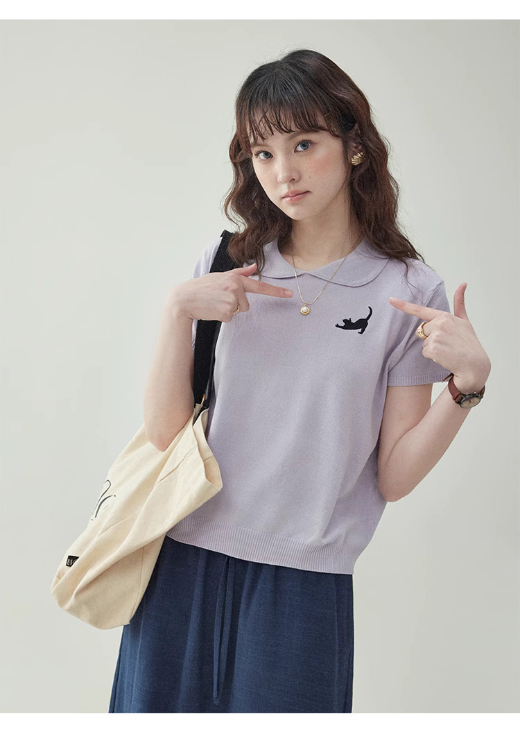 小貓繡花娃娃領針織t卹女夏新款寬鬆短袖上衣