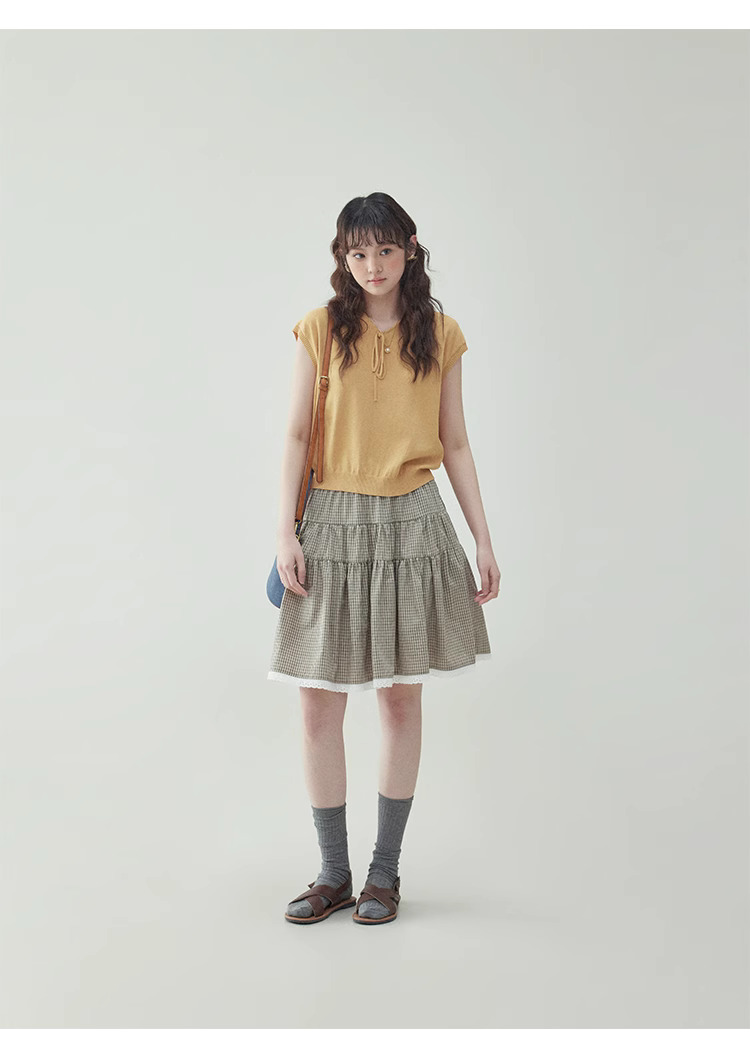 黃色綁帶v領無袖針織衫女夏季新款寬鬆短上衣