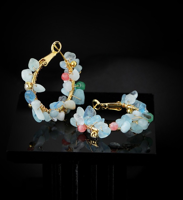 海藍寶碎石晶獨特設計高級感夏季小清新耳環耳飾品