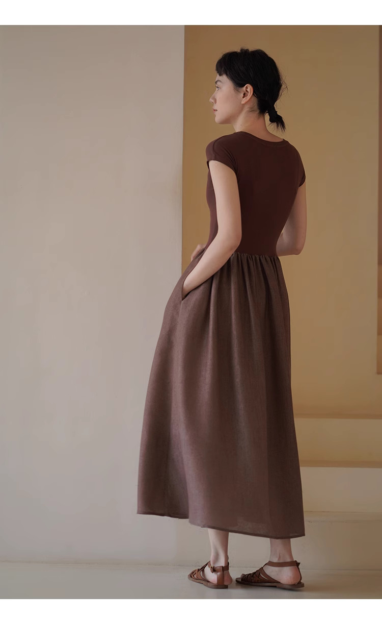 顯白特調赭紅彈性針織拼接大裙擺合身顯瘦梨形洋裝女