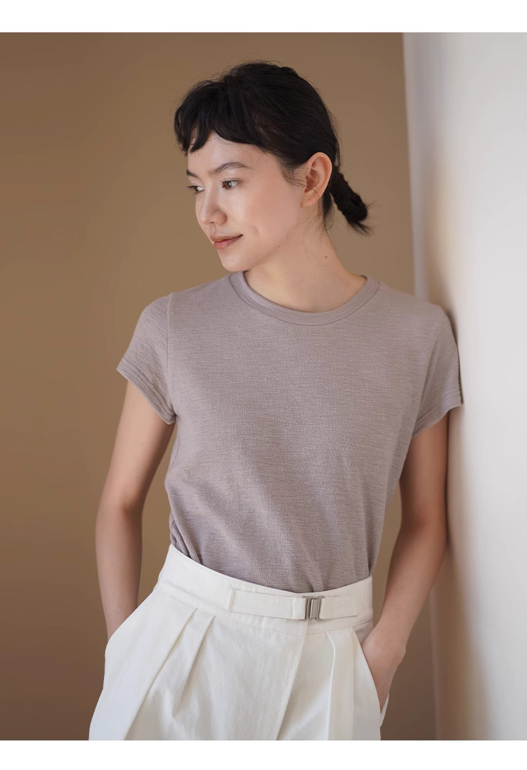 粉末交織肌理感特殊工藝圓領正肩短袖T恤顯白棉感上衣女