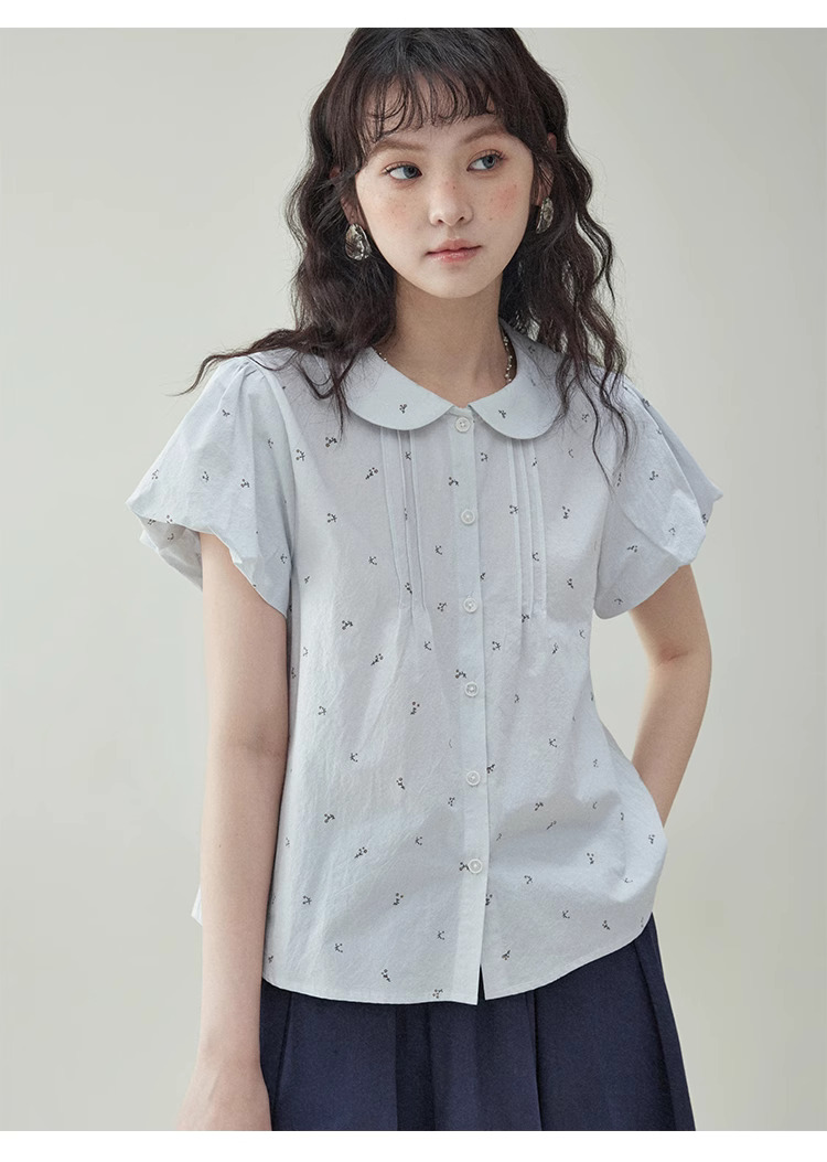 甜美泡泡袖純棉小花襯衫女夏季娃娃領單排扣上衣