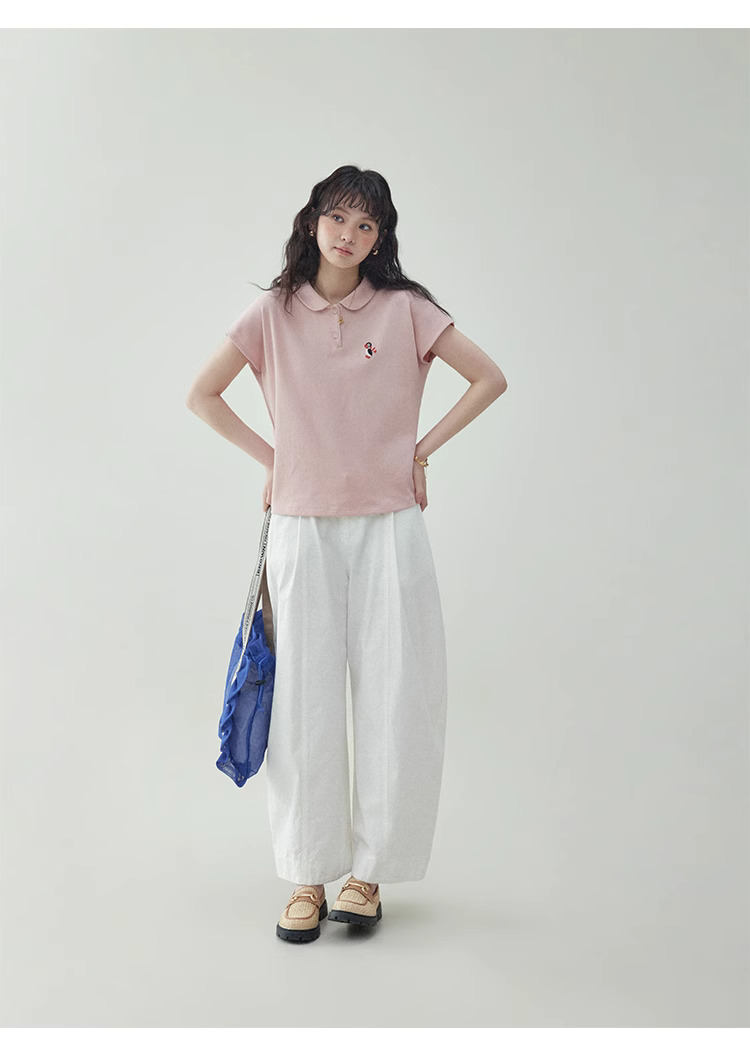 粉紅娃娃領企鵝刺繡T恤女夏季新款減齡短袖上衣