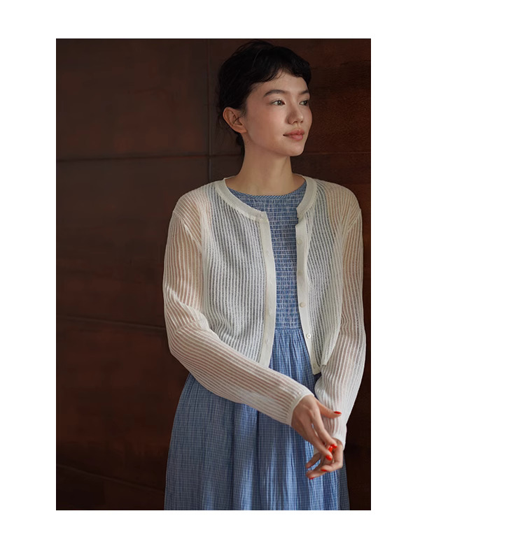 輕盈微風朦朧拉線絞花鏤空針織涼爽冰麻透氣防曬開衫女