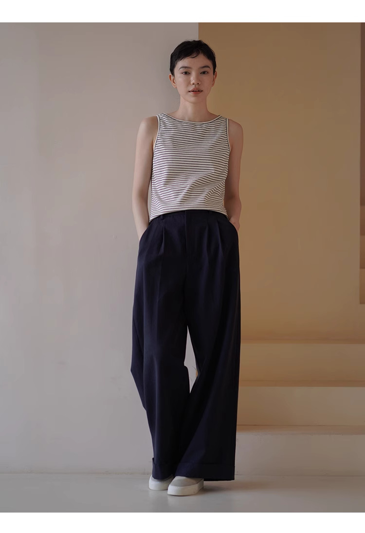 筆筆直修腿長褲萊賽爾棉挺括寬鬆高腰折邊休閒闊腿褲女